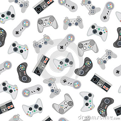 Seamless pattern with retro gamepads and joysticks Cartoon Illustration